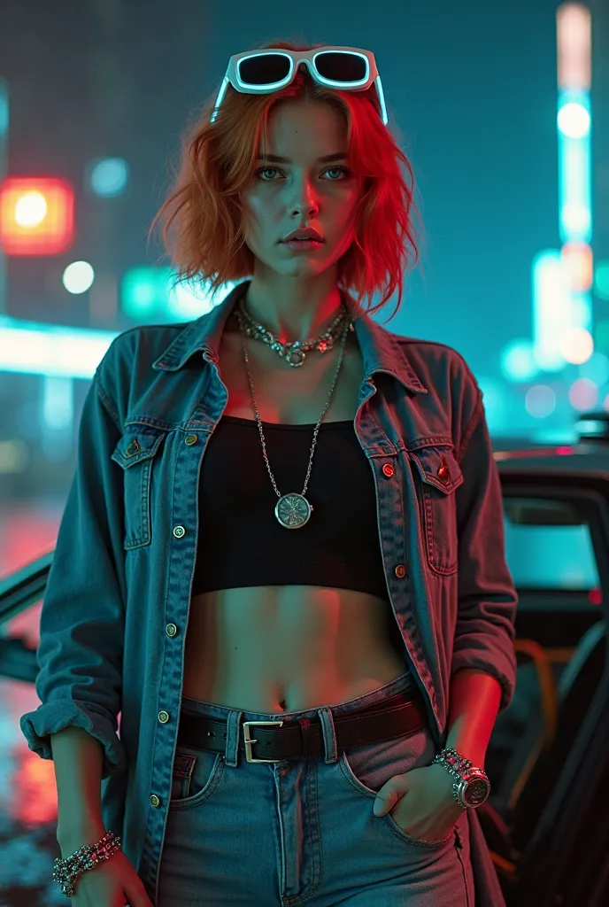 Cinematic Shooting. Steampunk Peace. a girl of 25 years old gets out of the DeLorean DMC-12 car,model appearance, with red hair bob haircut,  with green eyes, with white neon glasses on my head.  shorts in a black t-shirt, big breasts, denim shirt, chaika ...