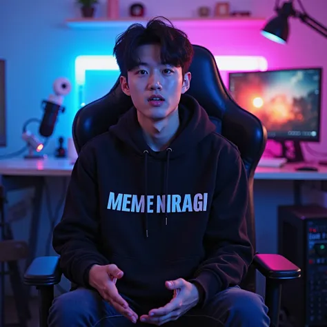 An 18 year korean Boy sitting confidently on a modern gaming chair in his YouTube studio. He is wearing a Black hoodie with "MEME NIRAGI" boldly printed on it. His face is clearly visible. The man is gesturing with his hands, as if explaining something imp...