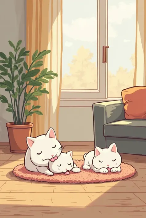 Chibi Character Style, Two-panel comic strip,    dot halftone   , flat color、The cat is on the carpet in the living room、The carpet is sunny、Cats are licking their own bodies to groom themselves、It's a laid-back vibe