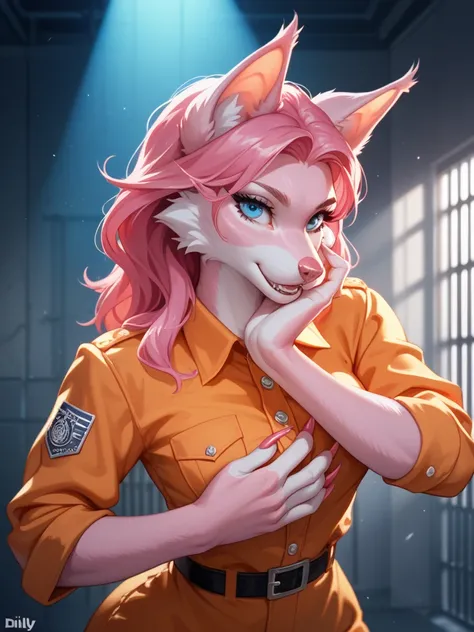 A mutant girl. 27 years old. Messy pink hair, blue eyes. Wide hips. Pink hair on arms. Claws. Mutant. Sweet and caring.  prison uniform. Solo. Dark scene. Glass prison cell. Low light. 