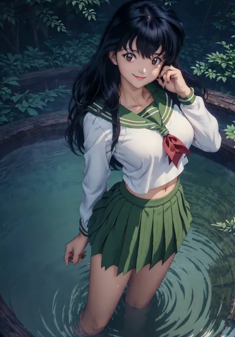 1 girl, solo, Kagome Higurashi, dark hair, brown eyes, full body, beautiful face, perfect eyes, hair between eyes, perfect face, perfect lighting, outdoor, warm colors, forest lake, school uniform, in water, night time, green short skirt, serafuku, pleated...