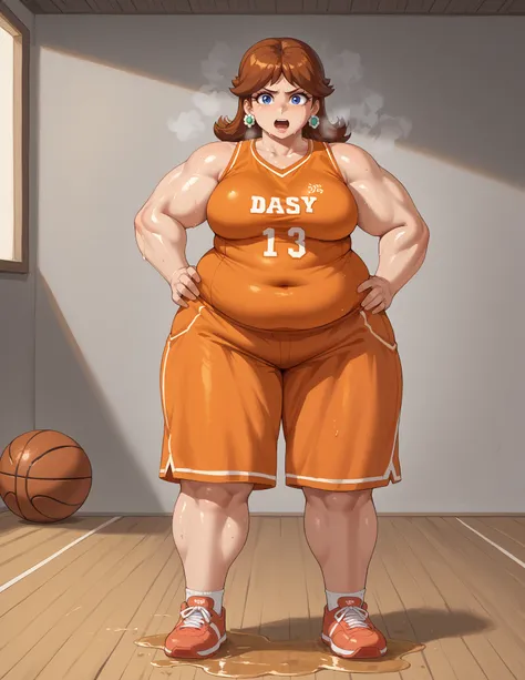 score_9, score_8_up, score_7_up, BREAK, 1girl, solo, princess daisy, 1girl, solo, brown hair, neck length hair, jewelry, makeup, casual, cowboy shot, blue eyes, looking at the viewer, large breasts, hand on hips, orange tanktop, sweaty, orange shorts, swea...