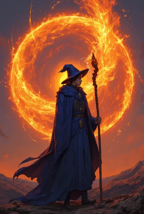 (photorealism:1.2), (photorealism:1.2), photo of a young handsome man, a busts of fire sparks came out of his wooden staff, fire magic , outdoors, to point a staff at the enemy, deep azure blue wizard robe, deep azure blue witch hat, jet-black turtleneck s...