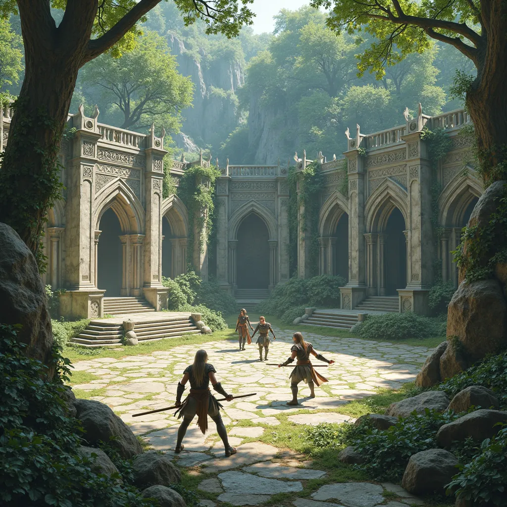 large stone Elvish courtyard, surrounding forest, fighting arena outdoors