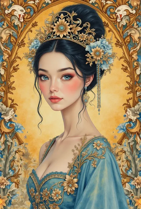 An art nouveau style watercolor image of a slender oriental princess with an elaborate headdress. Beautiful face. Bright blue eyes. Druillet style. Enki Bilal. Mesmerizing look. Ornamental golden background. 