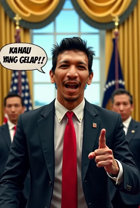 A highly detailed and realistic depiction of Joko Widodo in the Oval Office at the White House. He looks extremely angry, with furrowed brows, a scowl, and his mouth wide open as if shouting. His hair is styled in unkempt buzzcut messy hair, and he is wear...