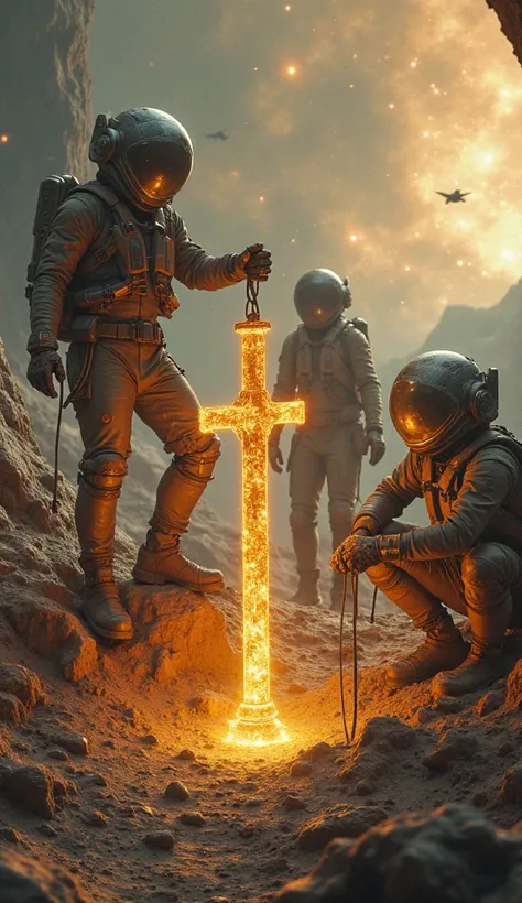 "A team of futuristic archaeologists in high-tech exosuits uncovering an ancient golden crucifix buried beneath the surface of a distant planet. The artifact, glowing faintly with an otherworldly energy, is covered in layers of extraterrestrial sediment, s...