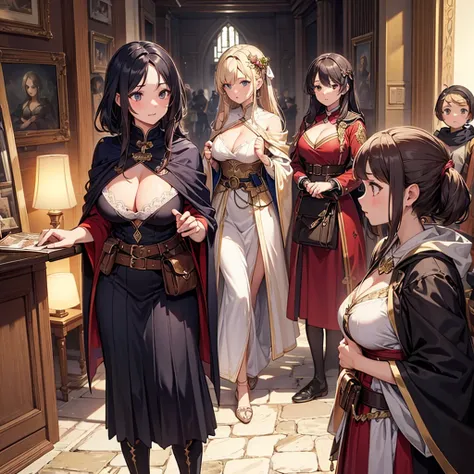 High quality, super detailed, best quality, highly detailed, beautiful, masterpiece, group of girls, harem, cleavage, outfit with slits, adventurer, fantasy, perfect anatomy, detailed outfit, detailed decoration, pouch, robe, cloak, belt, big breasts