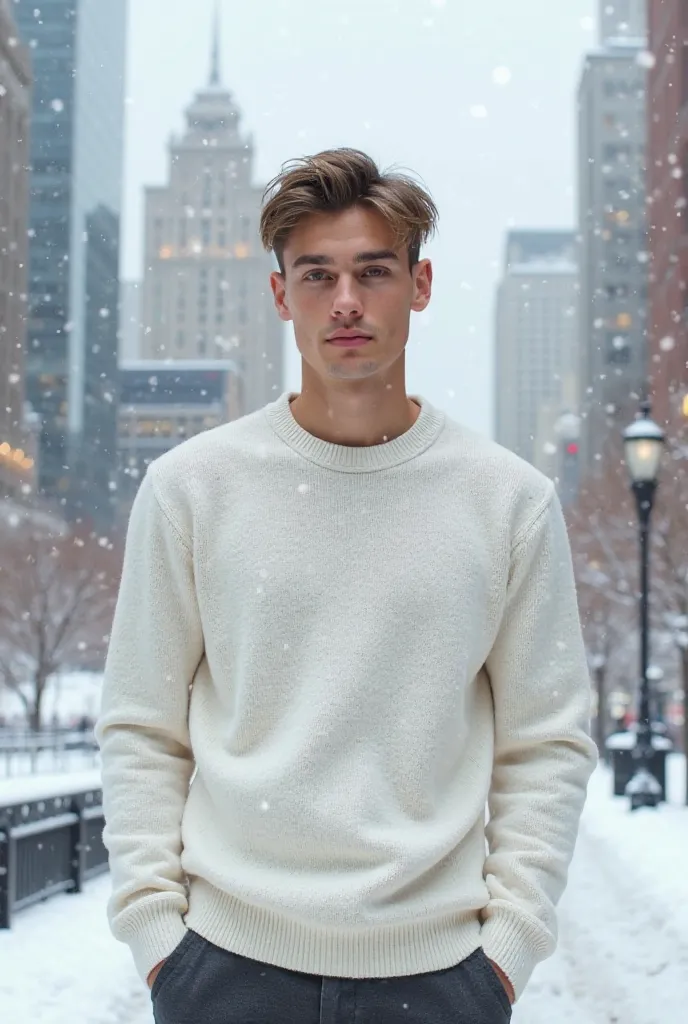 un beau garcon sexi, dans la ville de canada, avec la neige, port un pull col rond simple blanc couleur unique 