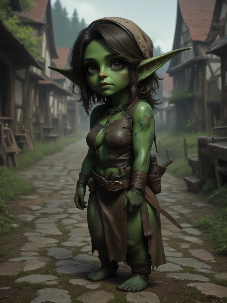 full shot of a short goblin slave girl with green skin, dirty face and body, green hair, attractive body, slave chain collar on her neck, her clothes are worn out and ripped, green skin color, medieval background