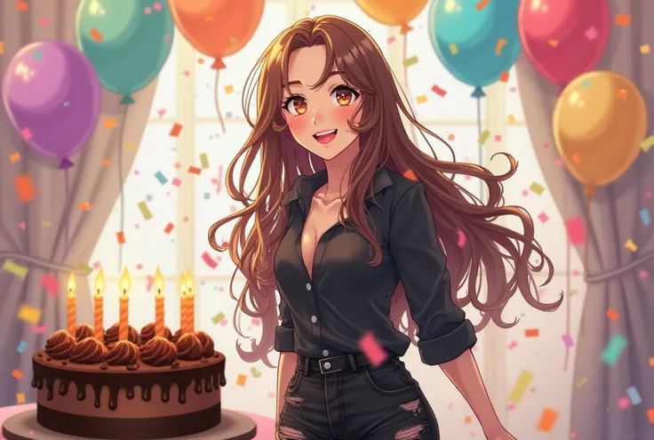 beautiful happy woman with long brown hair and brown eyes, dressed in a black blouse and black ripped jeans with a chocolate birthday cake and many balloons and confetti, anime