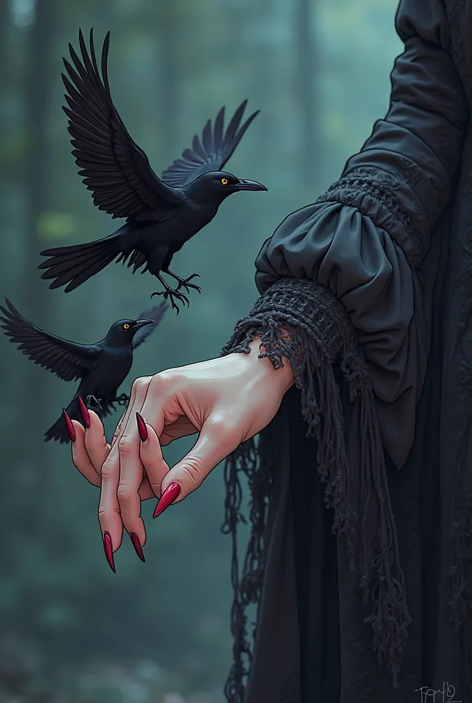 Delicate hand with softgel nails and holding crows (What does the sleeve of an old gothic dress have,)Vampire style)
 cartoon animation  