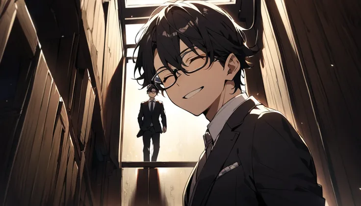 Man with eyes closed、smile、 Wears Glasses、I'm wearing a suit、 has split black hair、angle from below、In the basement、 backlit