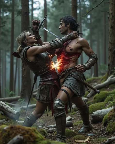 Bloodied and mortally wounded female warrior duelling a male warrior. The male warrior is plunging his sword in the female warrior's belly. Male warrior thrusts his sword in the female warriors belly. Sword in female warriors belly, sword buried in female ...