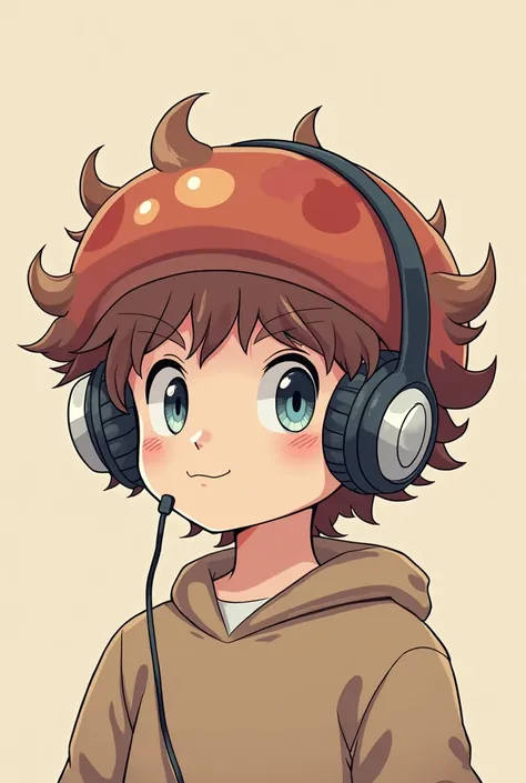 Human gender man with mushroom style Mario Bros brown color with wavy hair with headphones and cute anime drawing style that says chocolatepro032 