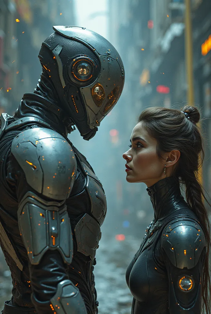 A man in futuristic battle armor looks at a woman who can be seen through a reflection of the helmet visor 