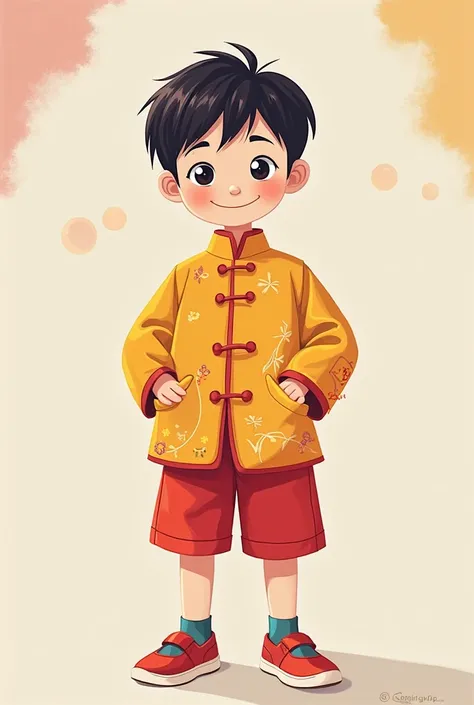 I want two-dimensional style new Chinese clothes for boys，I need a small, fresh color scheme