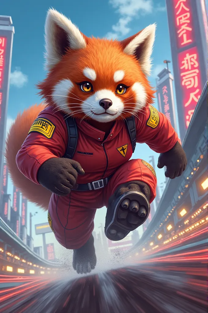 A Large red panda in a red racer uniform and a large rear, with turn signals on her shoulders and rear, in a race track background, in yugioh art style