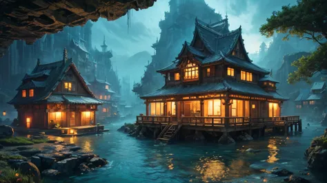 color ( fantasy: 1.2), ( Miyazaki Hayao Style), ( Irregular Buildings Floating Underwater ), Patchwork Cottage, Moss decoration, Coral,  light on the side, Concept Art Inspired by Andreas Rocha,  Art Station Contest Winner ,   fantasy art , (  Underwater C...