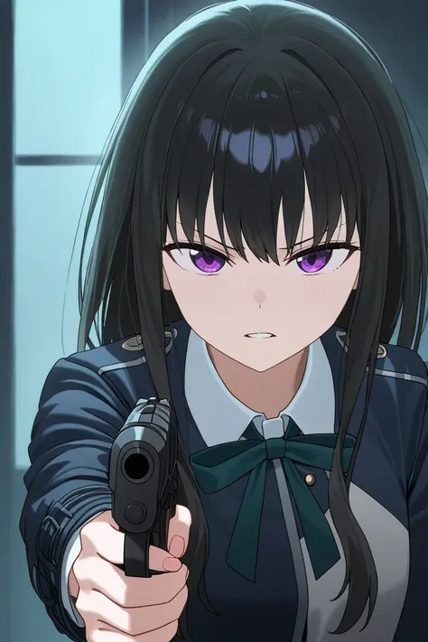  Takina's condescending face、standing、Wear a uniform、imprisonment、 black hair、 gun、 slightly angry 、Looking down、 looking from above、 vulgar、Near the face