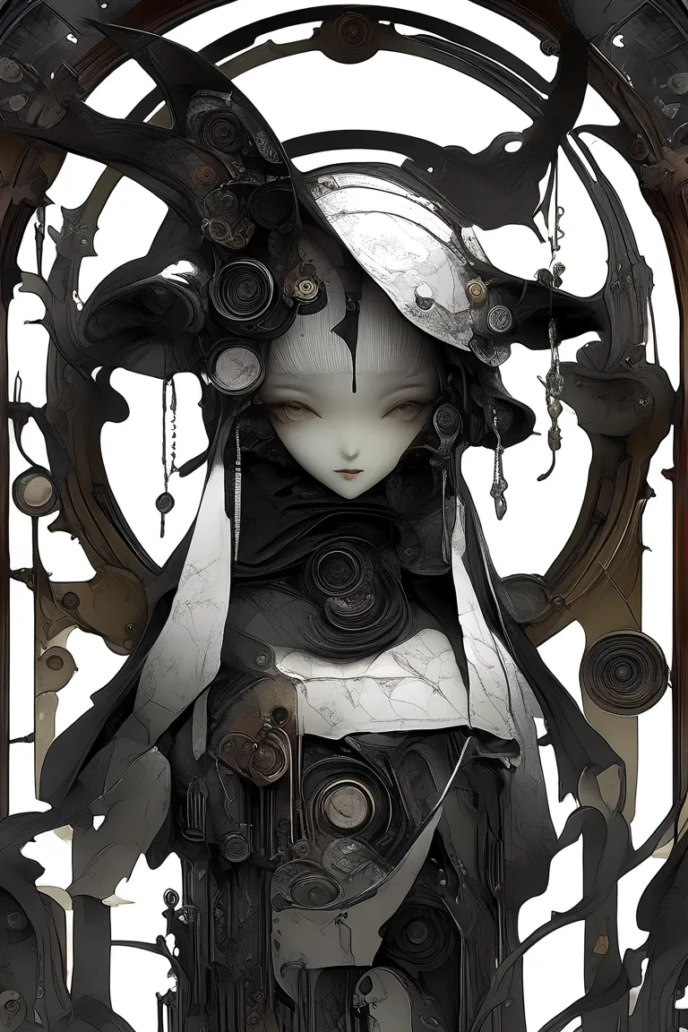 (masterpiece、Highest quality)、Super Detail、 HIGHEST DETAILS 、Automata Girl、layered sculpture 、body horror、Avant-garde、Concept Art、Mysterious and beautiful、Dark Fantasy、Fossil、Art Nouveau、Layered Cut Art、Mucha、stylish、stylish、Magic Rim