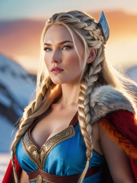 Lady Sif, Goddess, Viking, fur red cape, golden haired, braids, Very very longer haired, beautiful face,beautiful blue eyes, sexy, beautiful body, has a big Breasts,