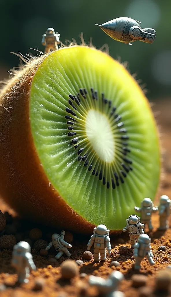 "A gigantic kiwi fruit transformed into an extraterrestrial colony. Dozens of tiny astronauts in space suits walk across its fuzzy surface, while a tiny spaceship hovers above. Some workers drill into the green flesh, extracting 'kiwi energy' into micro st...