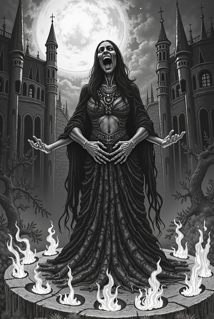 Medieval art in black and white engraving, dark gothic style, Of a witch tied to a log setting fire and screaming