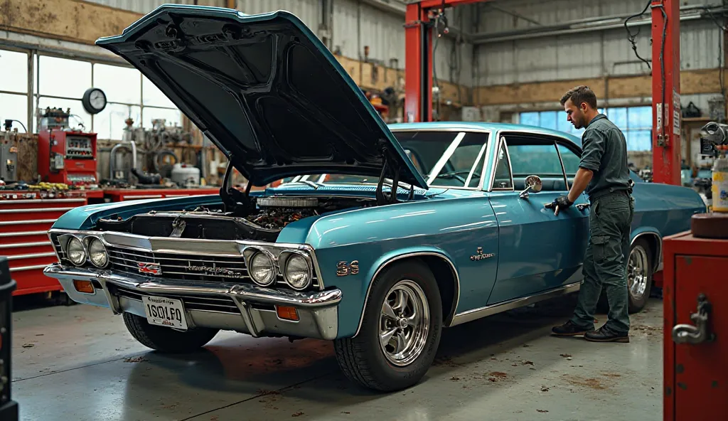 A Chevrolet Impala SS in a mechanic’s garage, with a technician inspecting the engine and undercarriage. The setting includes toolboxes and diagnostic equipment.