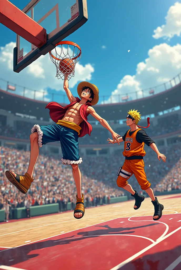 Luffy dunking on Naruto, in a NBA court. 