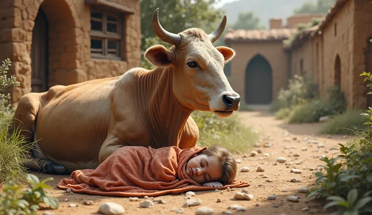 Create a hyper realistic image a cow sitting on ground near to her a little human  baby cover in the blanket sleeping, village style, Muslim, ancient style 