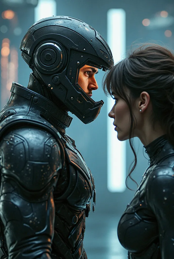 A man in futuristic battle armor looks at a woman who can be seen through the visor of the man's helmet