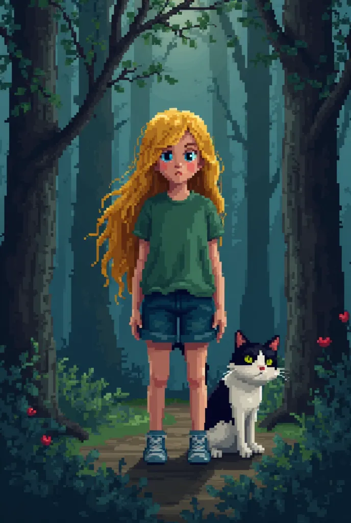 Create an atmosphere in the woods at night with a girl with long loose yellow hair with a black and white cat , The girl in the green t-shirt, Let the girl and the cat stand on their backs, all pixel art