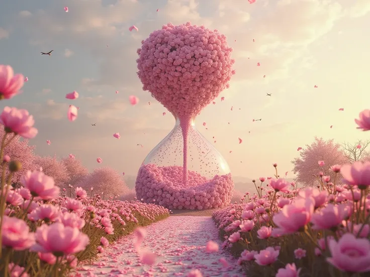 Ephemeral giant hourglass sculpture, 6m tall, entirely constructed with blooming pink peonies and cherry blossoms, falling petals creating a flowing sand effect, surrounded by endless field of pink cosmos flowers forming a winding path, soft morning mist, ...