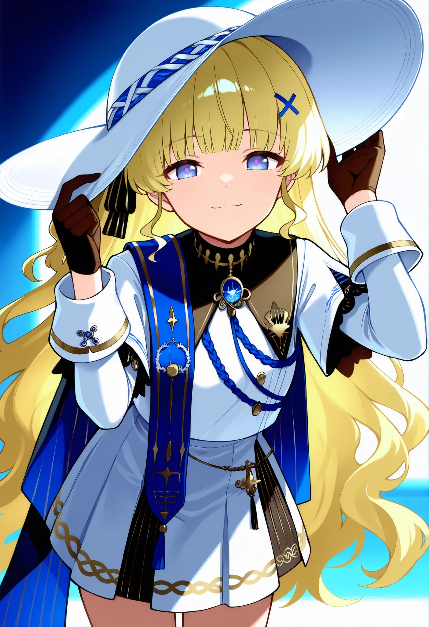 masterpiece, best quality, good quality,
1girl, phoebe \(wuthering waves\), black collar, black gloves, blonde hair, blue eyes, blue sash, closed mouth, collar, cowboy shot, gloves, hair ornament, hat, adjusting headwear, leaning forward, long hair, long s...