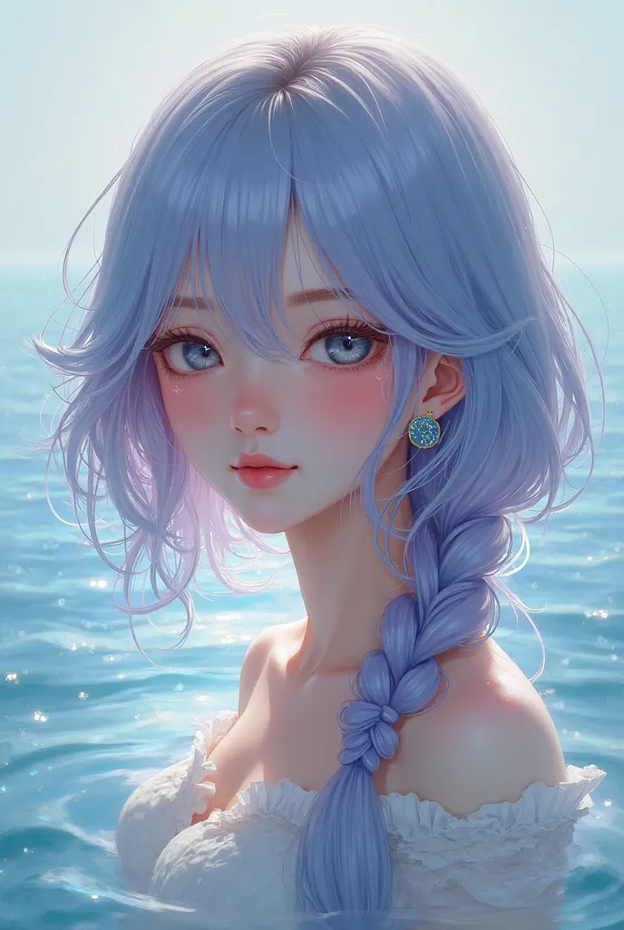 A girl with smooth hair, light blue, light purple eyes, a soft smile on the back, with a soft light from the sea-channel