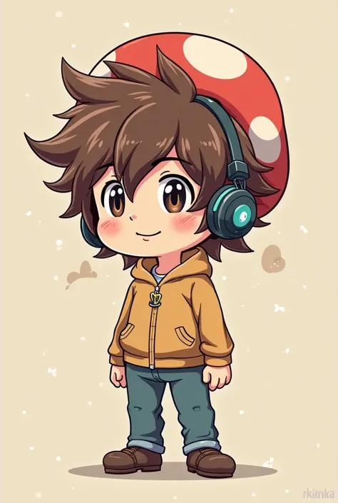 Human gender man with mushroom style Mario Bros brown color with wavy hair with headphones and cute anime drawing style that says chocolatepro032 