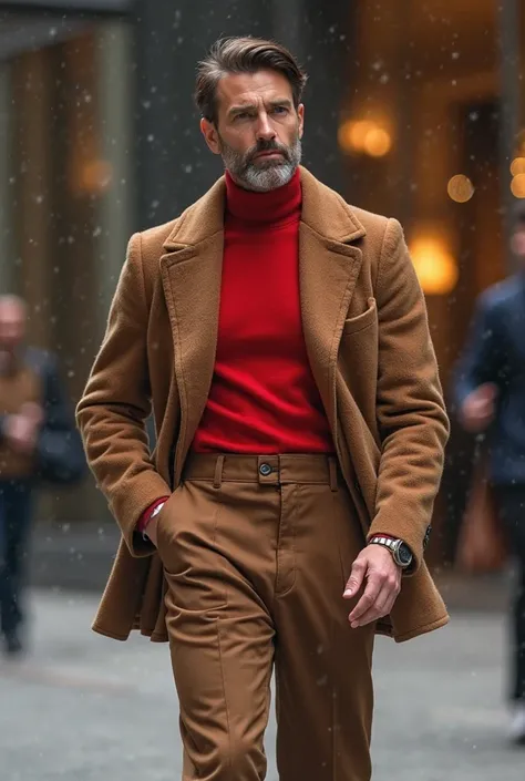 Brown Wide Pants Red Top Brown Cashmere Jacket Leather Black Men's Wear