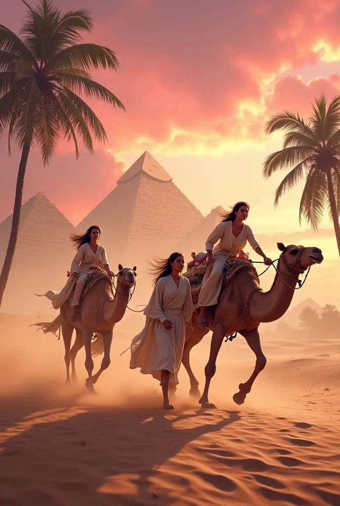 aerial image of two camels carrying condiments with two beautiful women each walking in front of each one pulling them by the belt walking through the sandy desert, Is there a windstorm, coconut trees bow in the wind and coconut leaves fly to the same side...