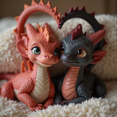 A tender moment captured between two young dragon girls, their tails entwined above their heads in the shape of a loving heart. One dragon has dark pink skin, with pale pink underneath  on neck, breasts and torso. The other dragon had black skin with dusky...