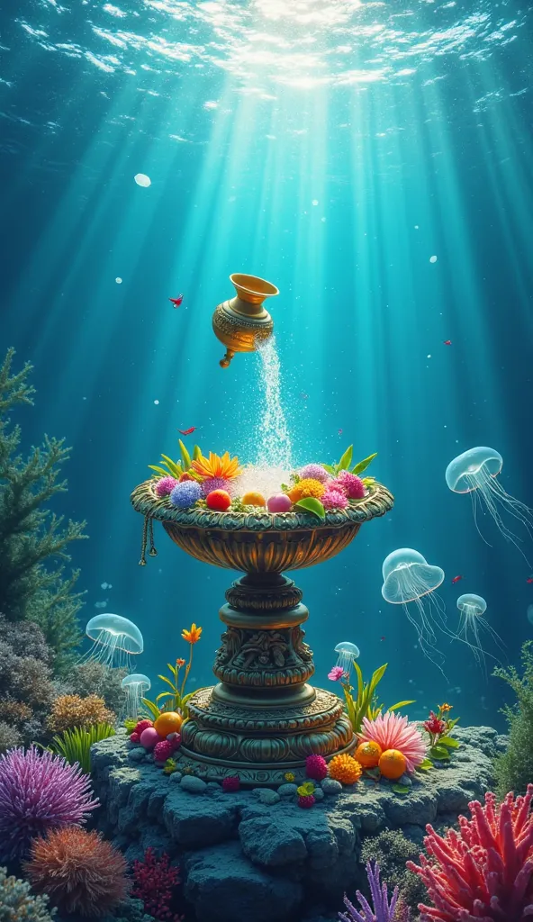 "An ethereal underwater scene featuring a sacred Shiva Lingam resting on an ornate pedestal, adorned with vibrant flowers, fruits, and leaves. A golden pot (Kalash) floats above the water, gracefully pouring a continuous stream onto the Lingam, symbolizing...