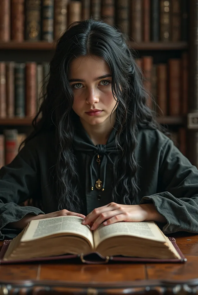 a daughter of severus snape: (european girl, black hair, green eyes), old library in a romanian castle with a young girl reading a mysterious book, detailed portrait, intricate facial features, pensive expression, sitting at antique table, surrounded by le...