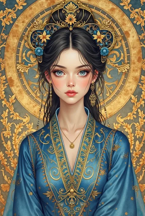 art-nouveau watercolor painting of a slender oriental princess with an elaborate head ornament..  Pretty Face.  bright blue eyes .Wearing a blue, gold. Druillet pattern .  Enki Bilal .  looks mesmerizing .  ornate gold background . 