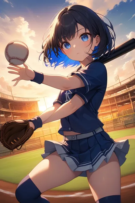 nsfw、baseball、catcher、catching pose、high school girl、deformed、black haired short bob、Inner Color Blue、 miniskirt、 short spats