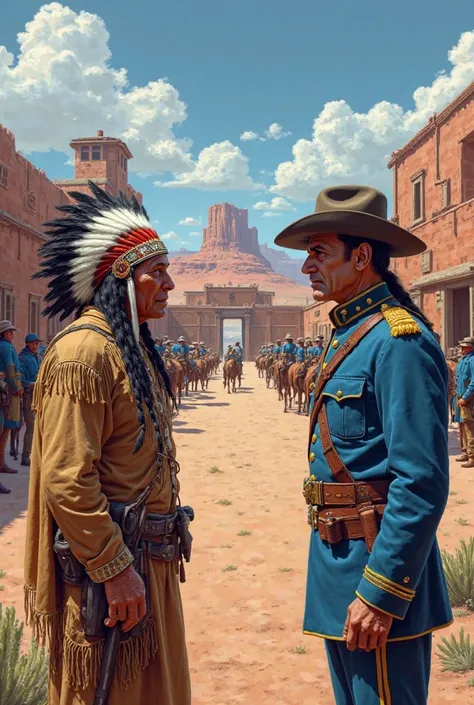 "Inside a Wild West fort, a Native American chief and a U.S. Army captain stand face to face, engaged in a serious conversation. The Native American chief wears a traditional feathered headdress, intricate beadwork, and leather garments, his expression cal...