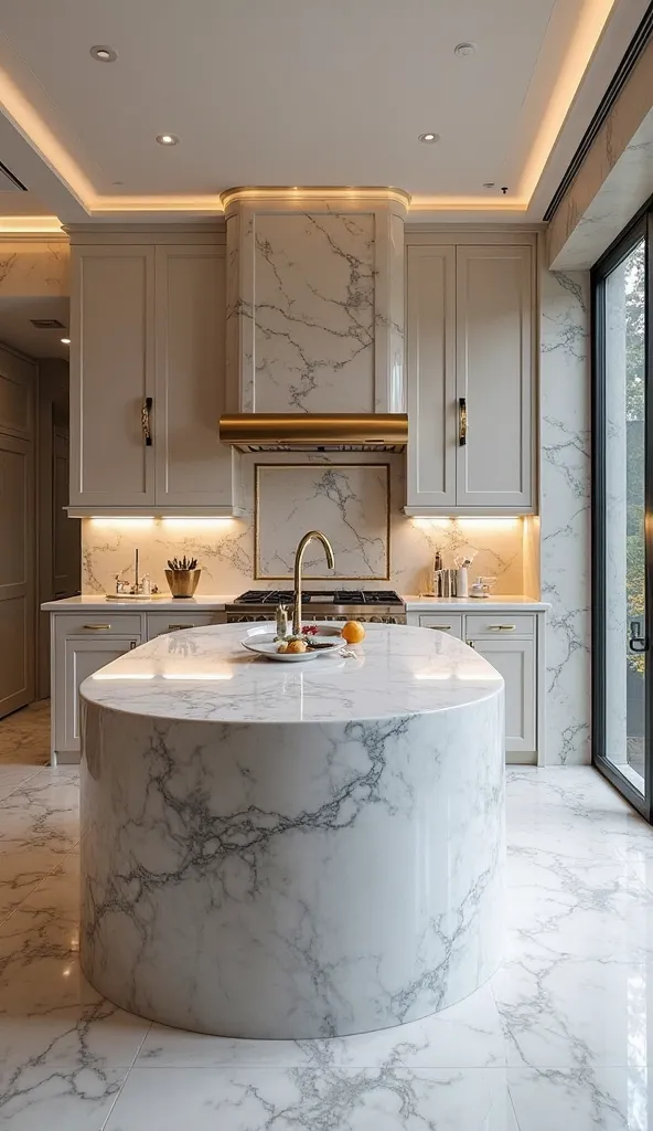  A luxurious open kitchen with a massive marble island, waterfall-edge countertops, and a marble backsplash. High-end appliances, gold-accented fixtures, and under-cabinet lighting elevate the aesthetic.