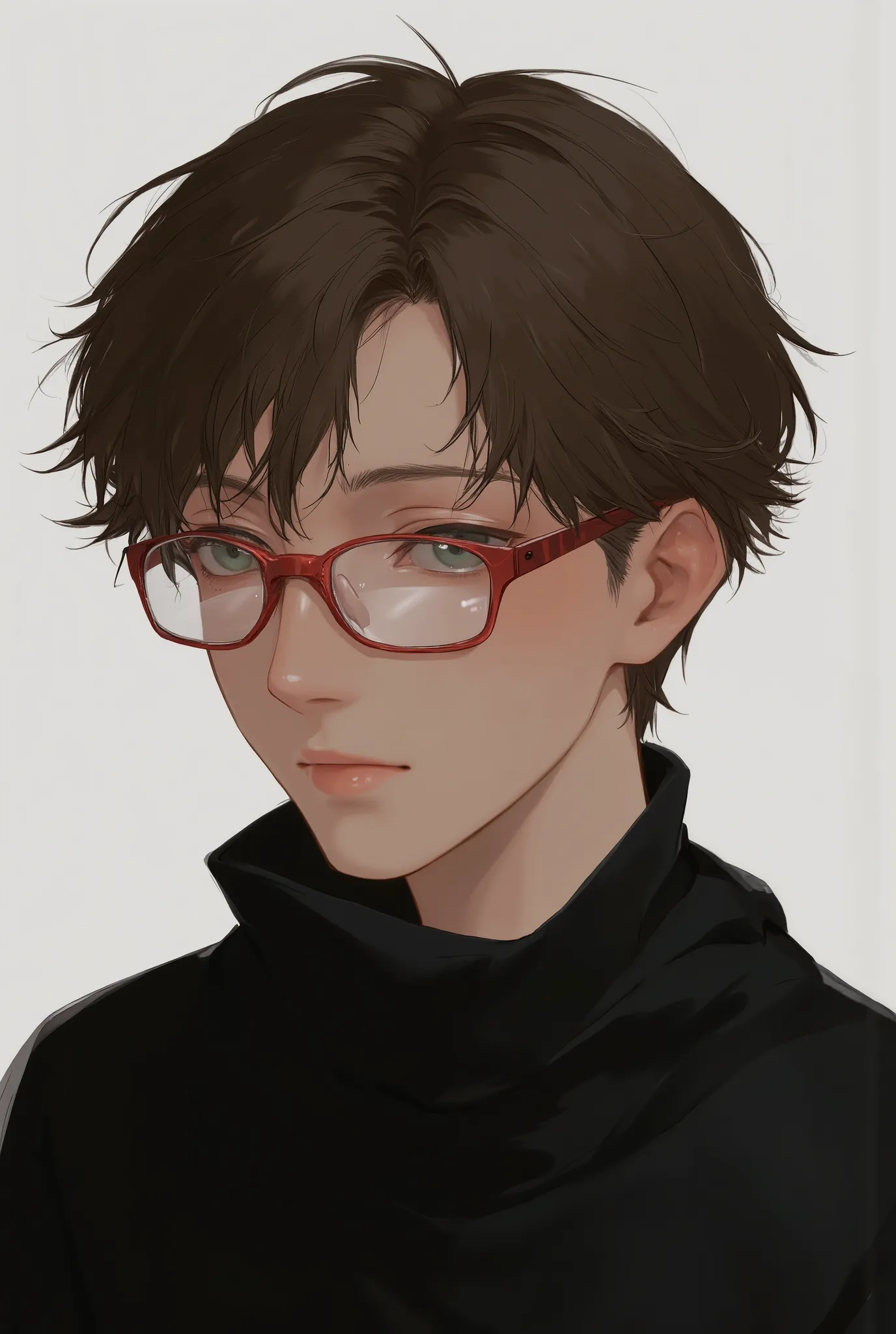 A handsome young man with short brown hair, blue eyes and freckles, wearing red glasses with transparent lenses and a black sweater covering his neck, his features are close