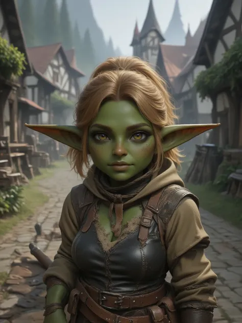 full shot of a short goblin slave girl with green skin, dirty face and body, blonde ponytail hair, attractive body, slave chain collar on her neck, her clothes are worn out and ripped, green skin color, medieval background