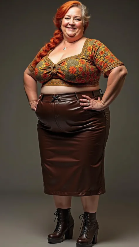 Une an octogenarian woman de 80 ans, elle est grande, une SSBBW DE 1,90m pour 140 kg avec des formes très généreuses, elle a un physique très rond, elle a une big breast, big buste, big round butt, big legs, big hips. She has red hair. She has her hair tie...