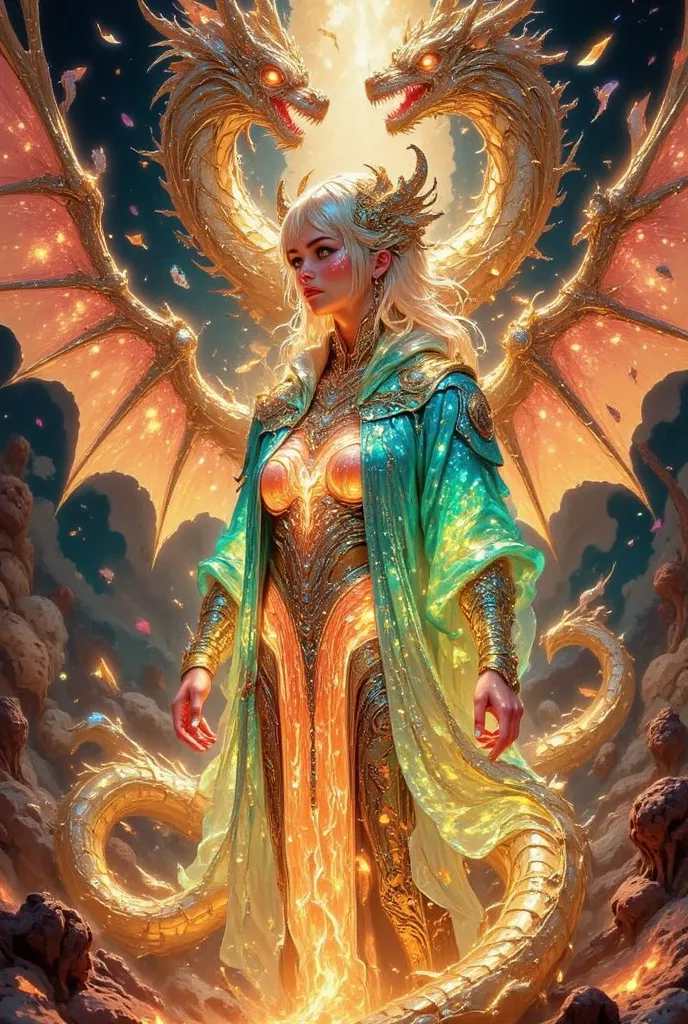 A stunning fractal impasto painting of a Beautiful warrior queen in futuristic celestial knight armor with her Soft shawl, her magnificent shawl unfolding like a crystal fractal of shimmering gold and silver. The long flowing armor ripples like liquid star...